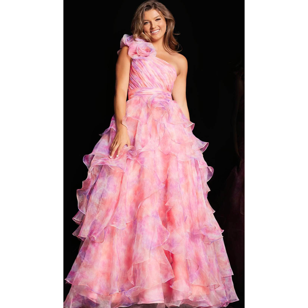 The Jovani 37455A Pink Print Floral One Shoulder Tiered Gown