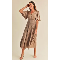 The Samantha Mocha Flutter Sleeve Tiered Midi Dress