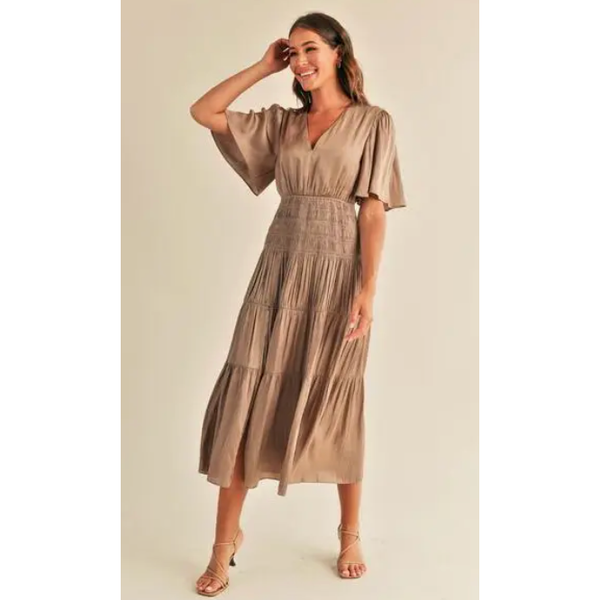 The Samantha Mocha Flutter Sleeve Tiered Midi Dress