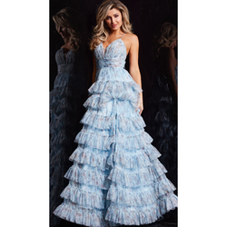 The Jovani 36571 Light Blue Floral Ruffle Full Skirt Gown