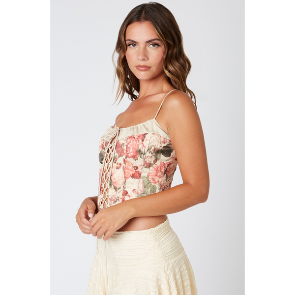 The Parker Amber Floral Print Lace Up Ruffle Cami Top