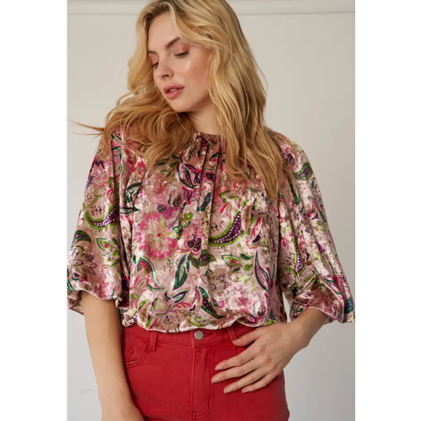 The Holiday Floral Print Velvet Bubble Sleeve Top