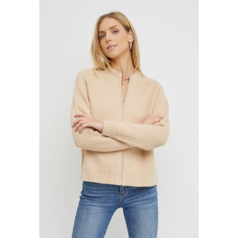 The Clayton Beige Front Zip Up Sweater Jacket