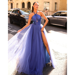 The Tarik Ediz 53044 Blue Glitter Tulle Halter Gown