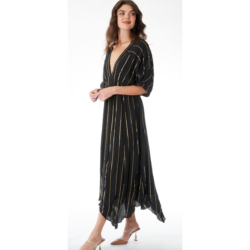 The Lucy Black/Gold Lurex Striped Midi Dress