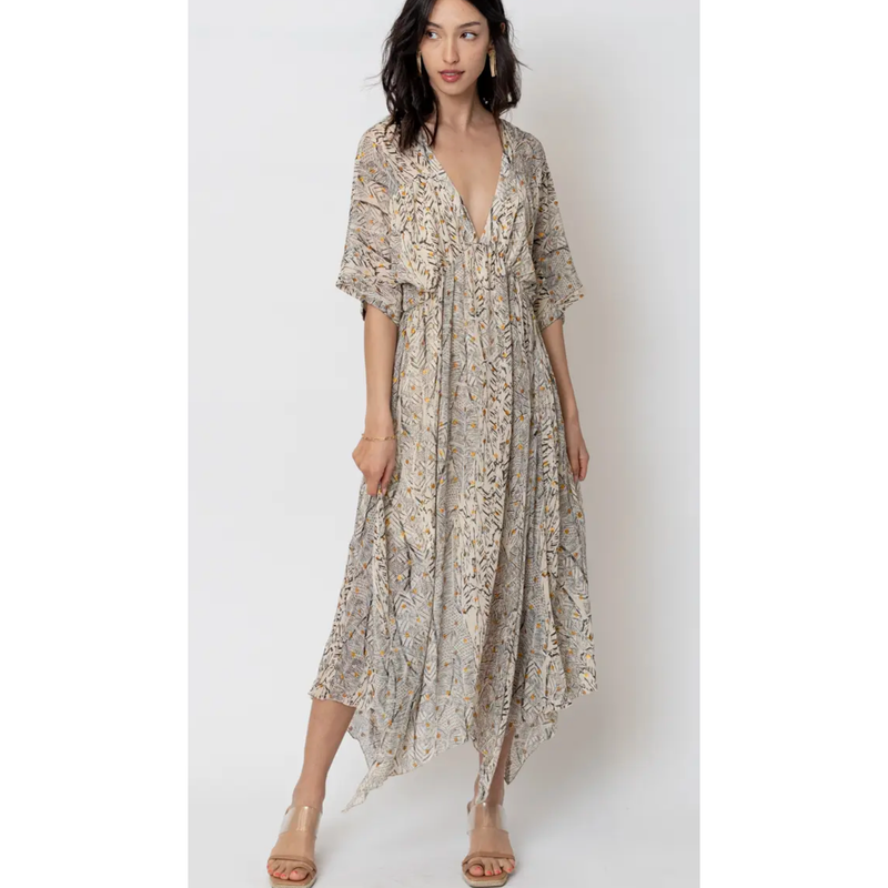 The Vanessa Beige Print Kimono Midi Dress