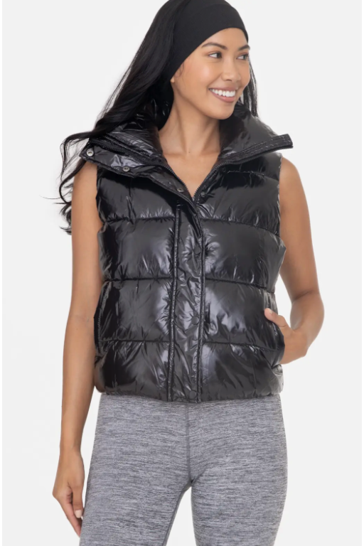 The Glossy Black Cropped Puffer Vest Cason Couture