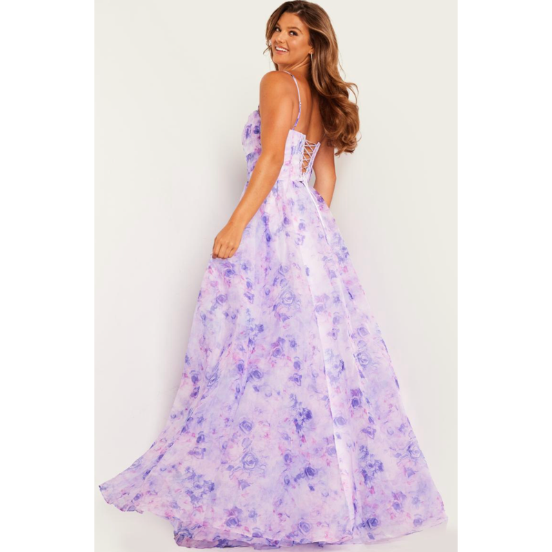 The Jovani Lilac Strapless Floral Chiffon Gown