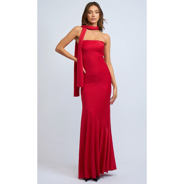 The Stella Red Strapless Stretch Column Maxi Dress with Neck Tie ...