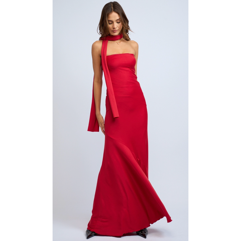 The Stella Red Strapless Stretch Column Maxi Dress with Neck Tie