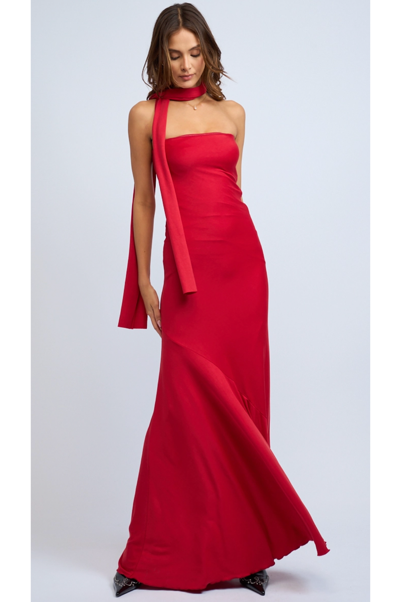 The Stella Red Strapless Stretch Column Maxi Dress with Neck Tie