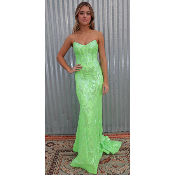 The Jovani 07786 Neon Green Strapless Sweetheart Embellished Gown
