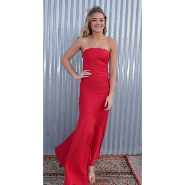 The Stella Red Strapless Stretch Column Maxi Dress with Neck Tie