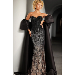 The Jovani 38746 Black Strapless Beaded Formal Gown with Cape