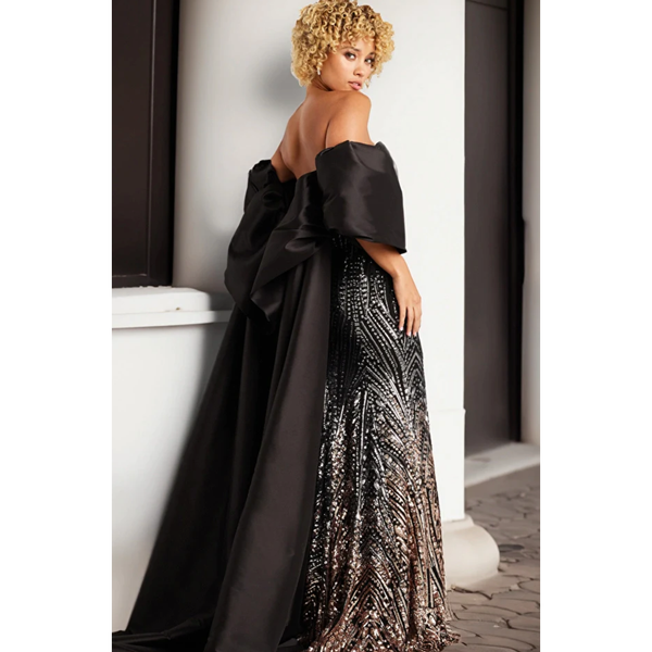 The Jovani Black Strapless Beaded Formal Gown with Cape