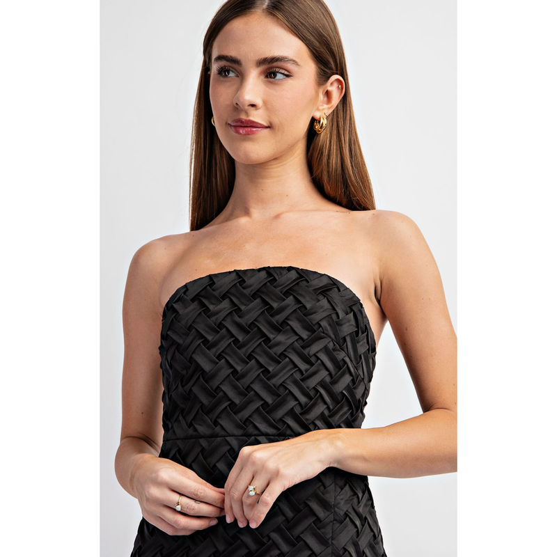 The Lana Black Strapless Textured Woven Mini Dress