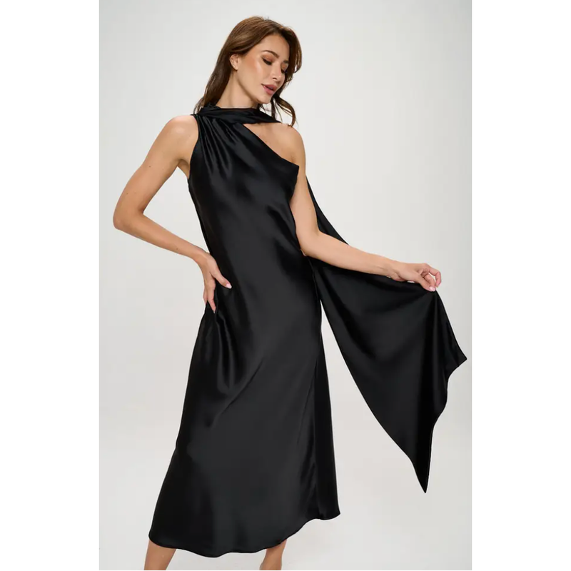Pre-Order The Seema Black Satin One Shoulder Scarf Maxi Dress