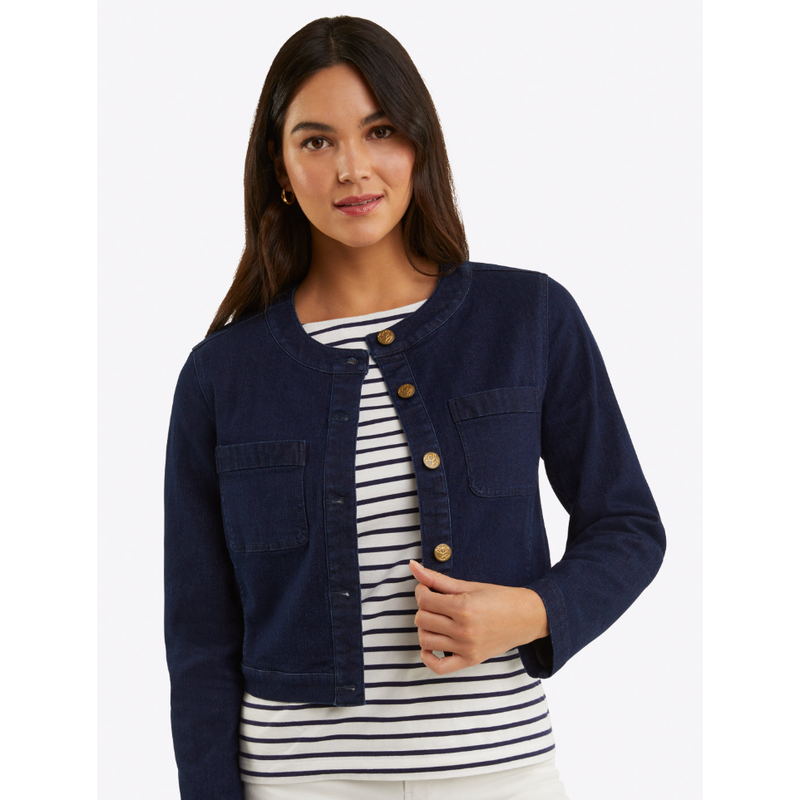 The Claire Collarless Stretch Denim Jacket by Draper James