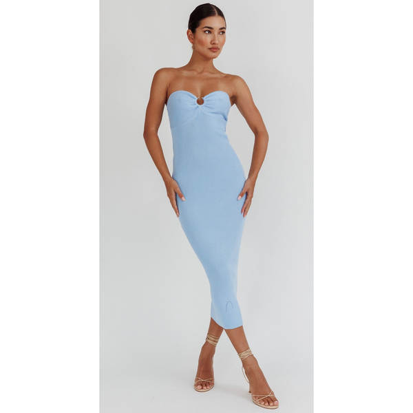 The Marie Blue Strapless Column Midi Dress