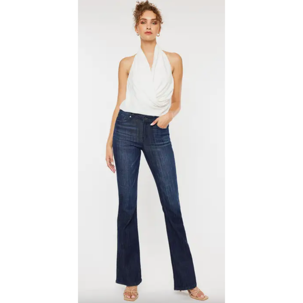 The Soho Dark Wash Mid Rise Flare Stretch Jeans