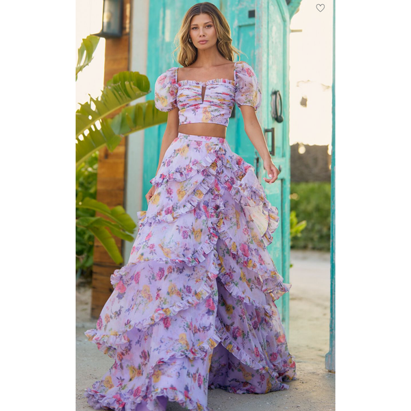 The Sherri Hill Lilac Two Piece Floral Chiffon Gown