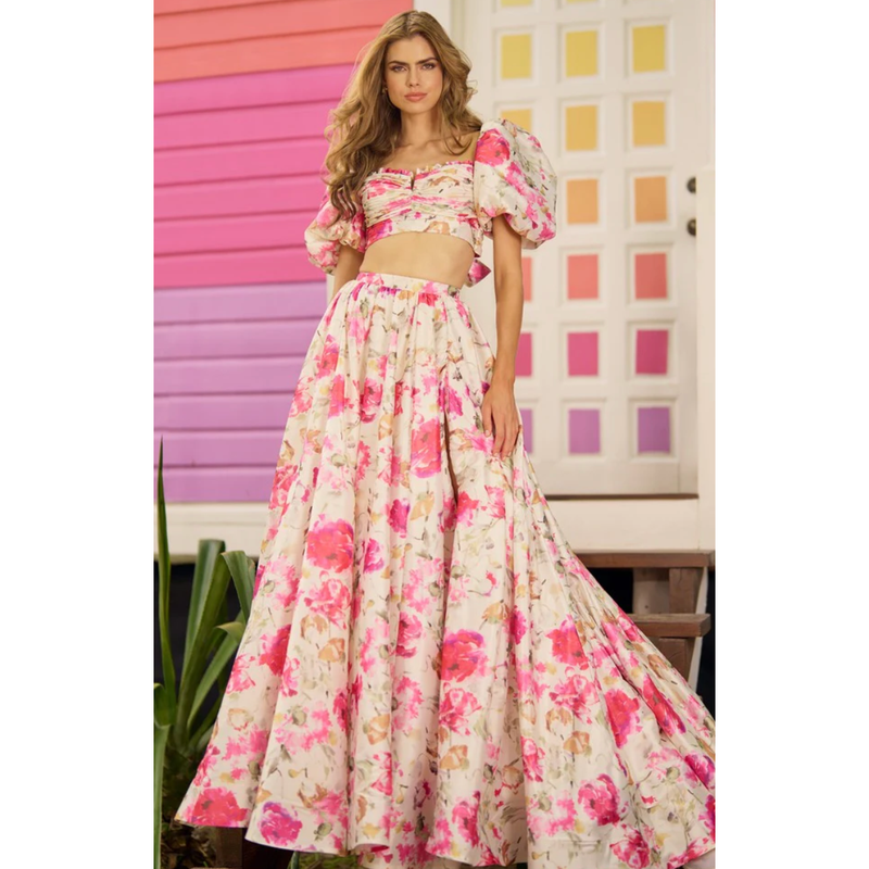 The Sherri Hill Pink Two Piece Floral Taffeta Gown