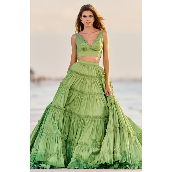 The Sherri Hill 56125 Chartreuse Two Piece Tie Back Gown