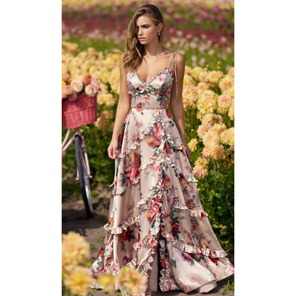 The Sherri Hill 56256 Champagne Floral Print Satin Ruffle Gown