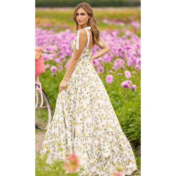 The Sherri Hill 56347 Ivory/Yellow Floral Sweetheart Neckline Bow Strap Gown