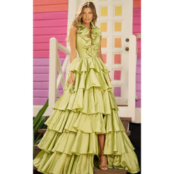 The Sherri Hill Chartreuse Taffeta Ruffle Halter Ball Gown