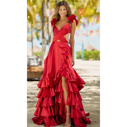 The Sherri Hill  Red Satin Ruffled Cross Front Gown