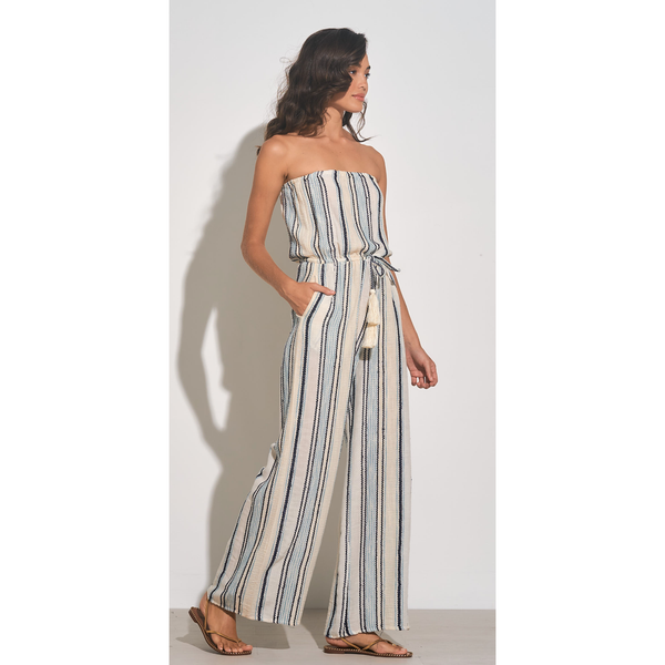 The Palm Canyon Natural/Navy Strapless Wide Leg Jumpsuit