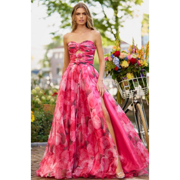 The Sherri Hill Rose Floral Strapless Chiffon Gown