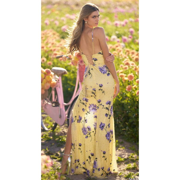 The Sherri Hill Yellow/Purple Floral Embellished Gown