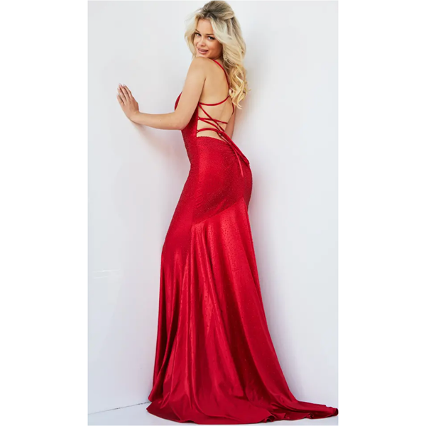 The Jovani Red Jewel Embellished Trumpet Gown