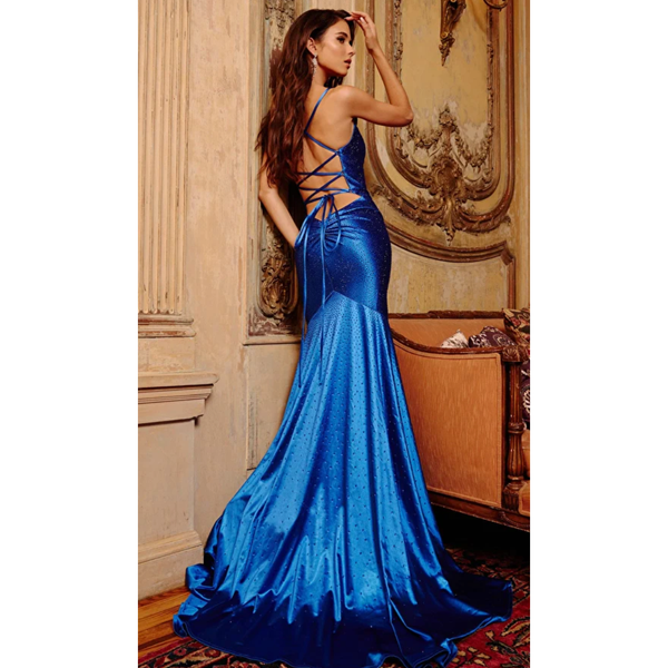 The Jovani Royal Blue Jewel Embellished Trumpet Gown