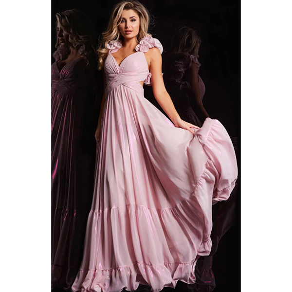 The Jovani Light Pink Ruffle Shoulder Tiered Gown