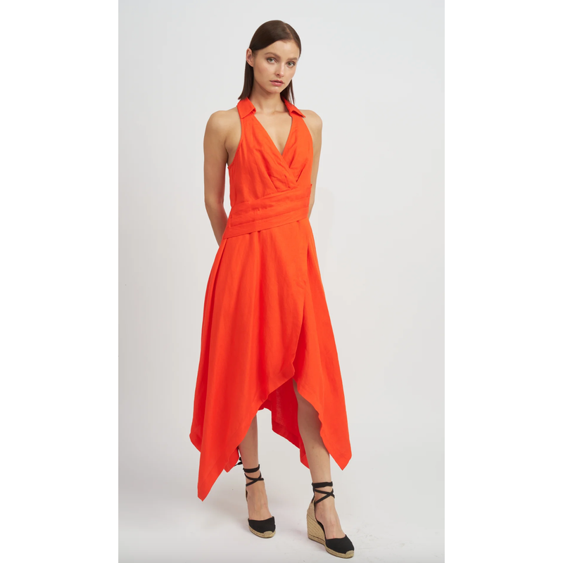 The Sonnet Orange Collared Halter Handkerchief Hem Midi Dress