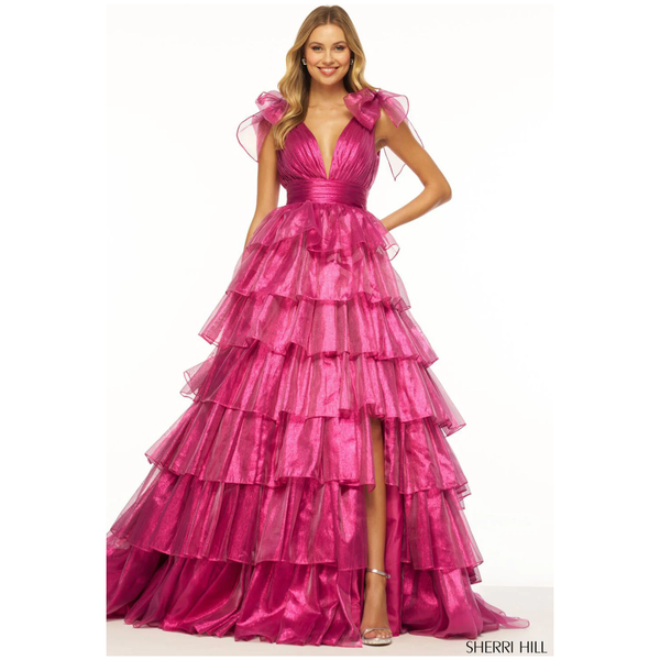 The Sherri Hill Pink Sparkle Lame Tiered Gown