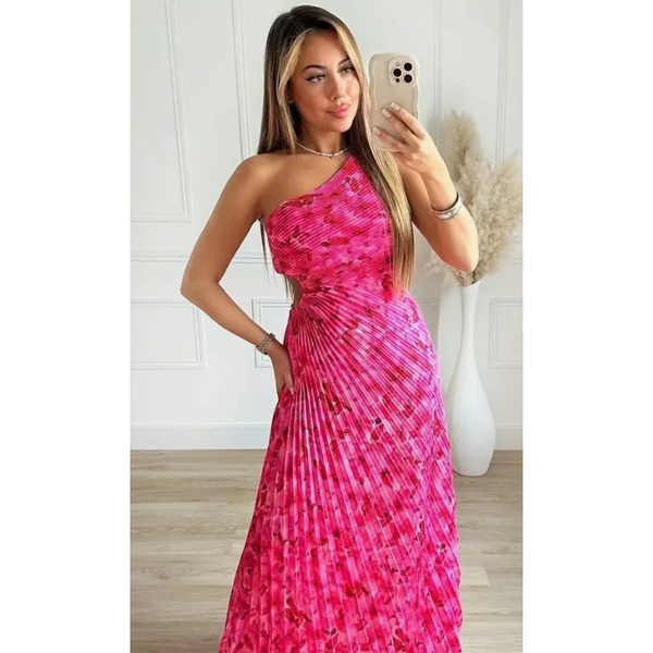 The Alexis Hot Pink Floral One Shoulder Pleated Midi Dress