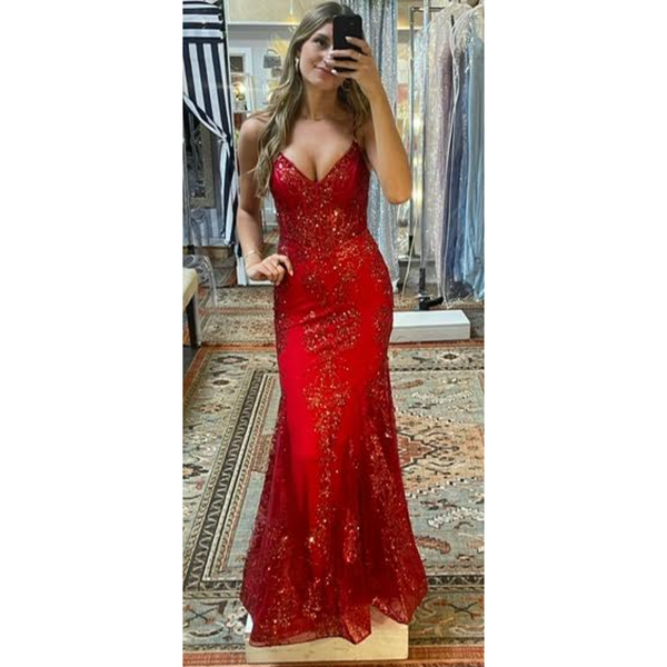 The Palisades Red Sheer Bodice Embellished Mermaid Gown
