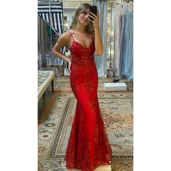 The Palisades Red Sheer Bodice Embellished Mermaid Gown