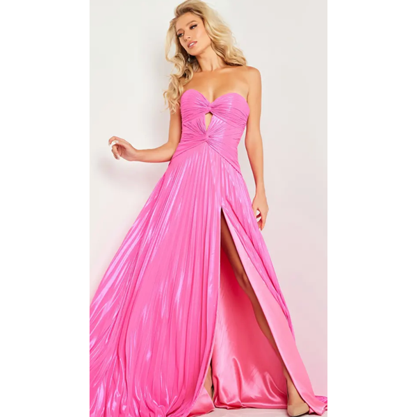 The Jovani Hot Pink Metallic Strapless Keyhole Pleated Gown
