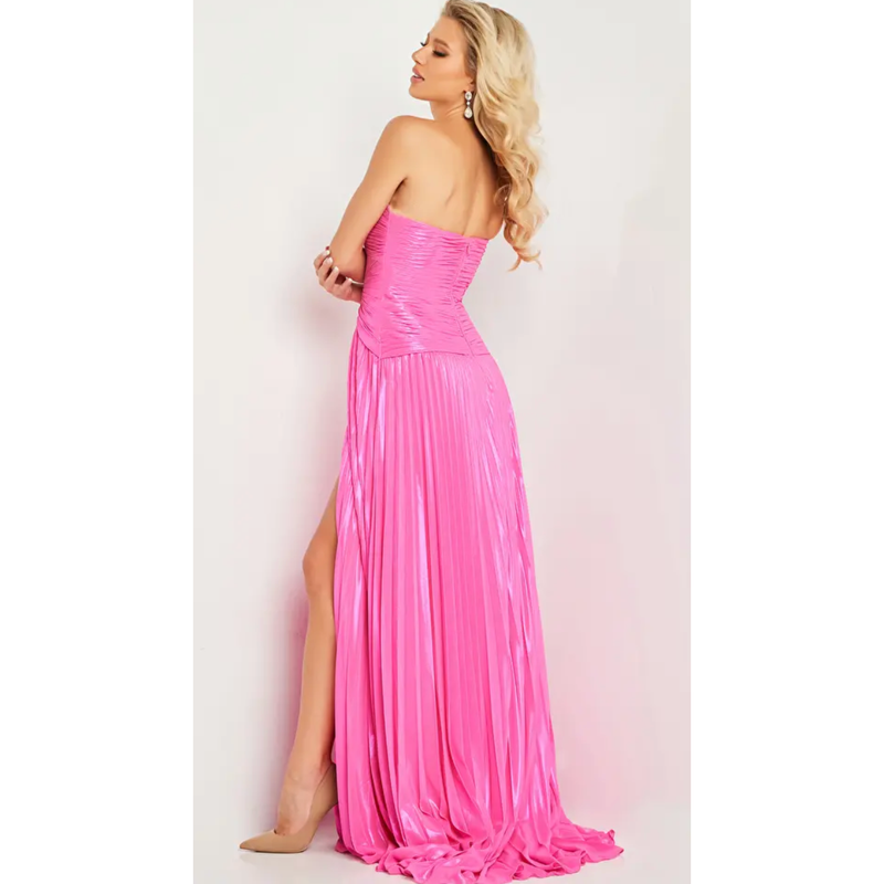 The Jovani Hot Pink Metallic Strapless Keyhole Pleated Gown