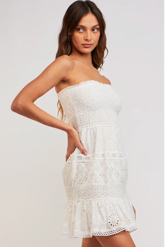 The Alissa Strapless Eyelet Ruffle Dress