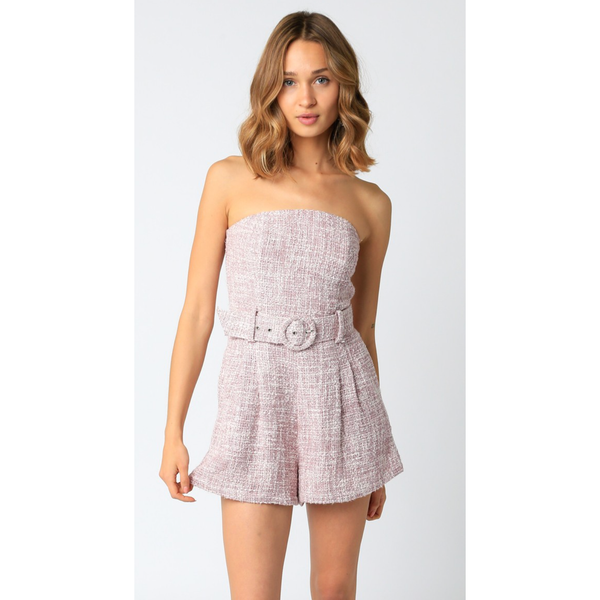 The Carly Pink Strapless Cotton Tweed Belted Romper