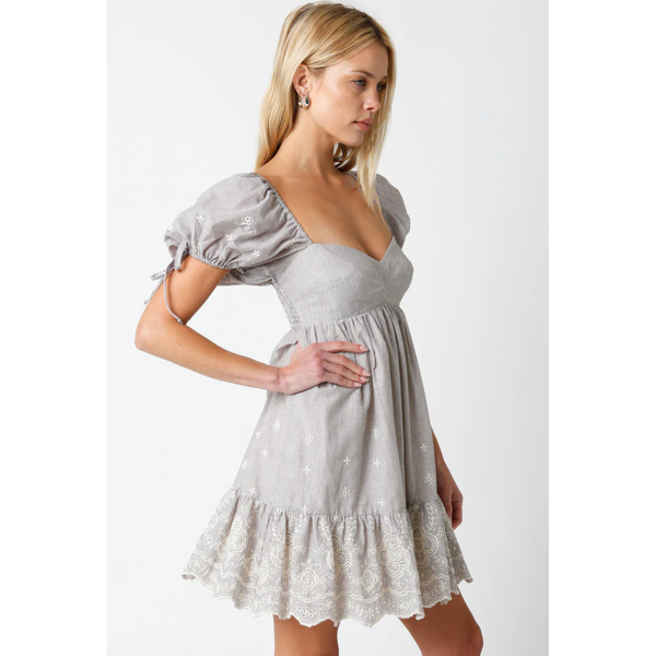 The Tallulah Beige Striped Puff Sleeve Sweetheart Neck Babydoll Mini Dress