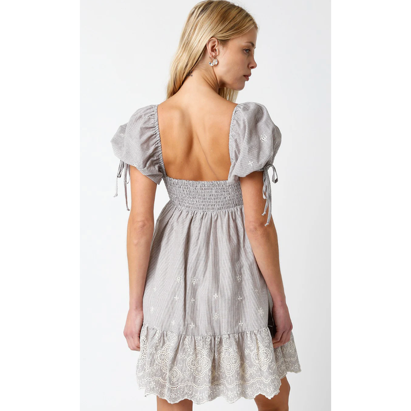 The Tallulah Beige Striped Puff Sleeve Sweetheart Neck Babydoll Mini Dress