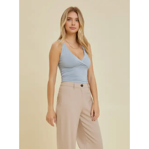 The May Light Blue Cropped Surplice Jersey Knit Cami Top
