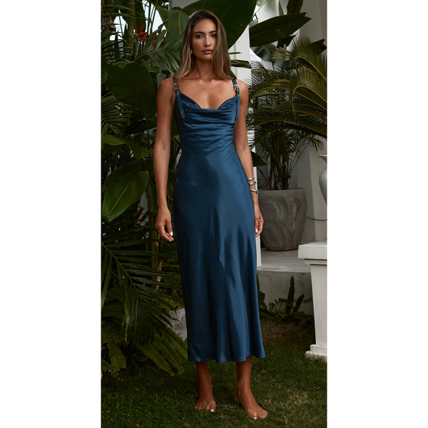 The Lorena Midnight Blue Buckle Strap Slip Midi Dress